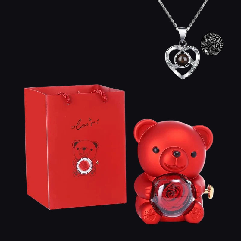 Miś Wiecznej Miłości z Różą w Szkle I Naszyjnikiem