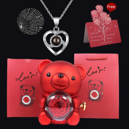 Miś Wiecznej Miłości z Różą w Szkle I Naszyjnikiem